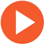 White triangular video play button on orange circle