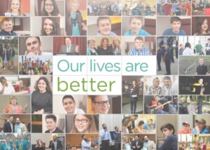 thumbnail for a nonprofit gala video showing many peoples faces and the words our lives are better