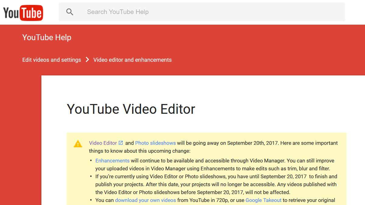youtube video editor ending sept 20 2017 warning