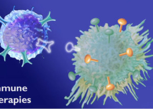 medical animation treatment video frame showing immune therapies interacting with a cancer cell