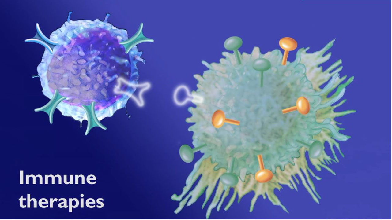 medical animation treatment video frame showing immune therapies interacting with a cancer cell