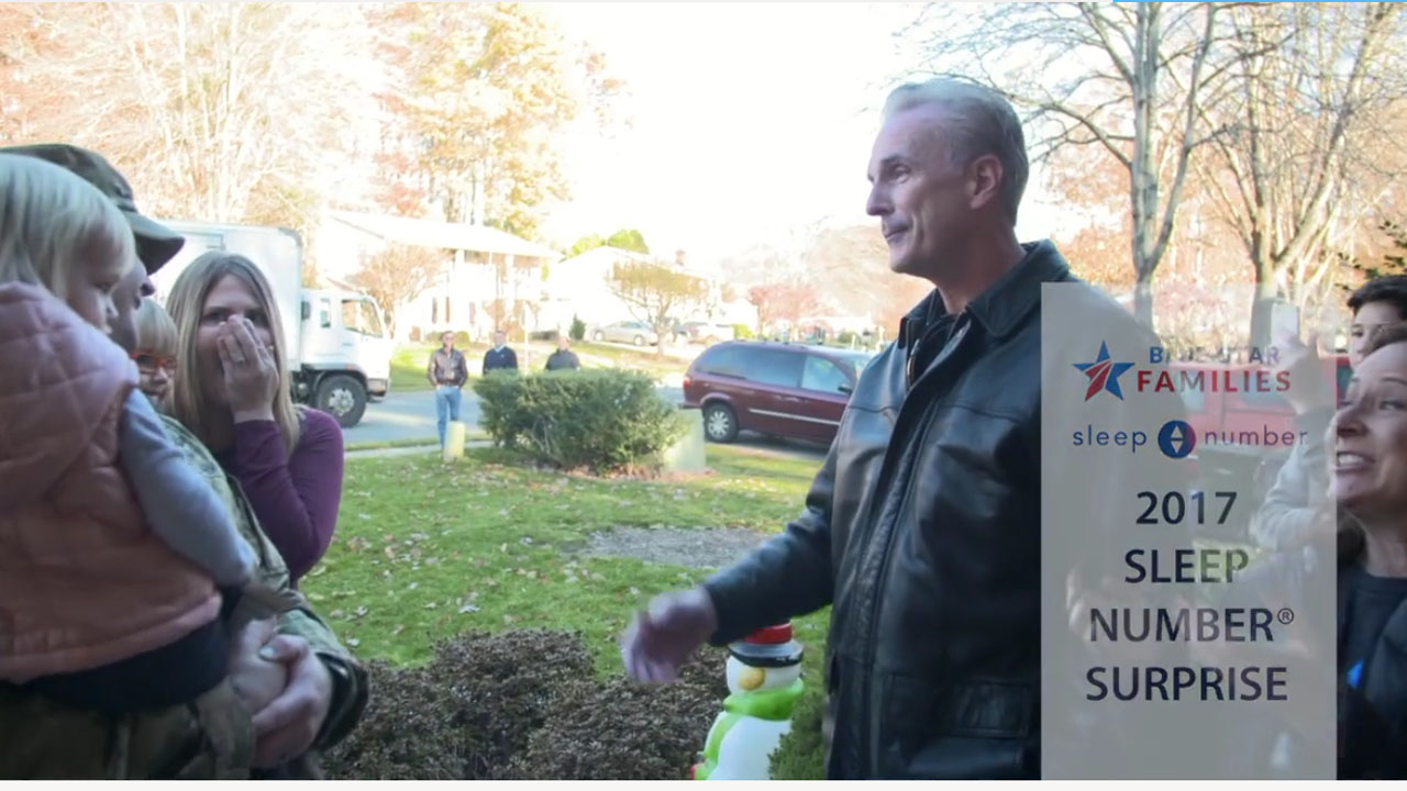 Military family and neighbors who won the Blue Star Families 2017 Sleep Number Surprise Winner Surprise Video %page