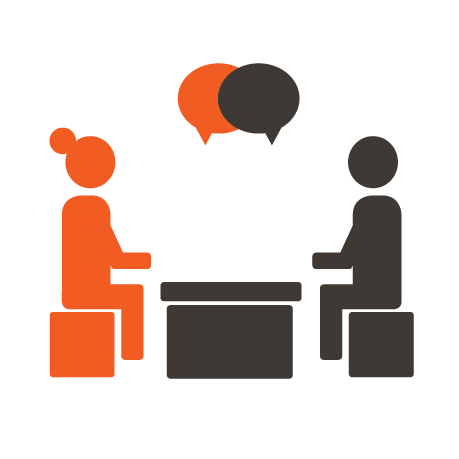 Just-Convo-Icon orange and black icon of two people having a conversation at a table