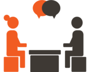 orange and black icon of two people having a conversation at a table
