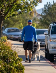 Image of man wearing blue long-sleeved shirt and dark shorts walking with dog on a sidewalk next to parked cars