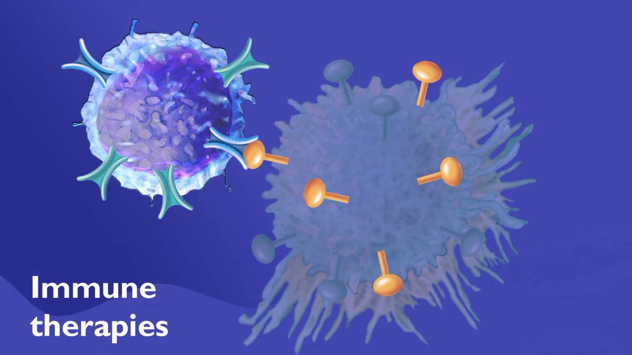 medical animation video image showing immune therapies interacting with cancer cell