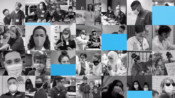 thumbnail of a COVID-19 impact video with a photomosaic and animated teal blocks uncovering 28 photos
