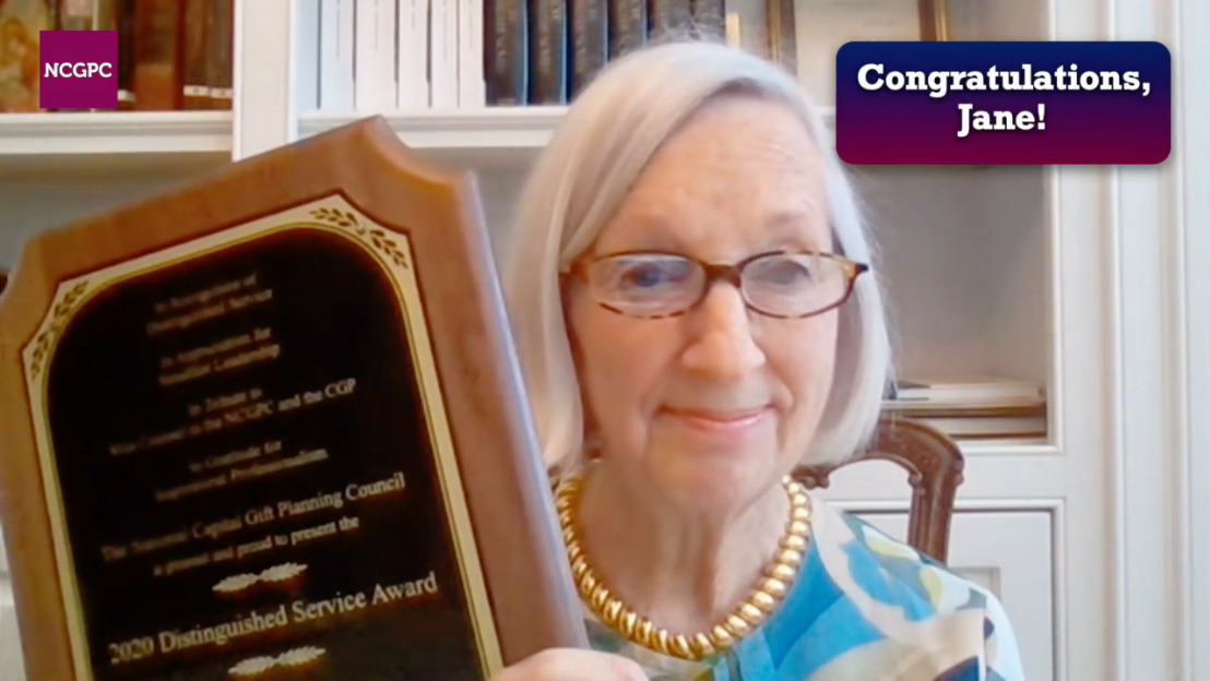 virtual awards video congratulates distinguished service awardee for national capital gift planning council virtual event with filming