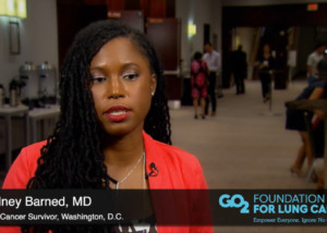 thumbnail featuring Sydney Barned, MD, a Black patient, in a lung cancer awareness video