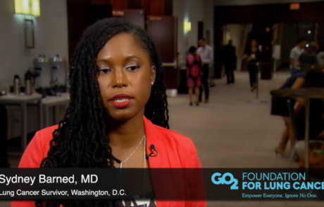 thumbnail featuring Sydney Barned, MD, a Black patient, in a lung cancer awareness video
