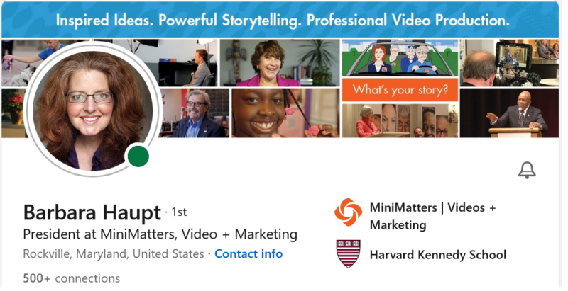 Barbara Haupt LinkedIn profile with grey circle around photo to show where video plays in MiniMatters banner