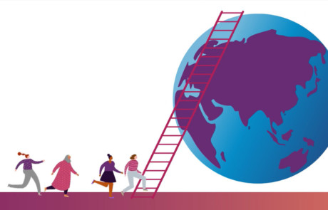 a thumbnail of animated world bank video showing women entrepreneurs running to climb economic ladder developing countries globe