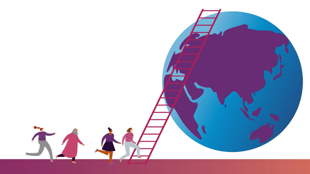 a thumbnail of animated world bank video showing women entrepreneurs running to climb economic ladder developing countries globe