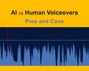 AI versus Human Voiceovers - Pros and Cons with blue waveform image