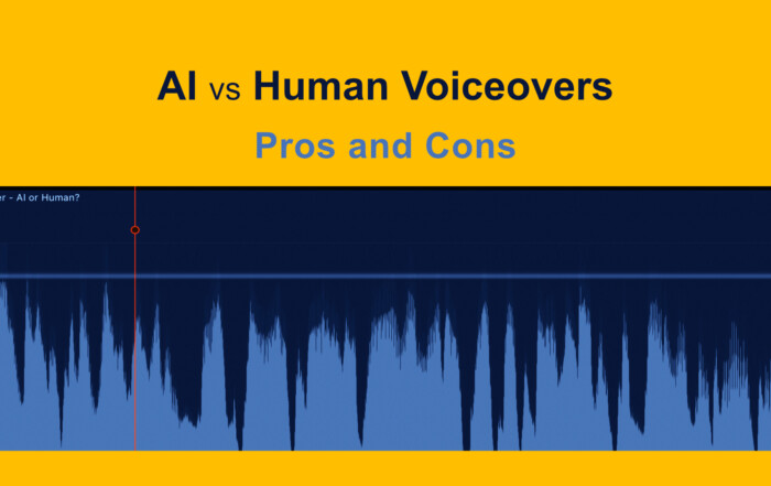 AI versus Human Voiceovers - Pros and Cons with blue waveform image