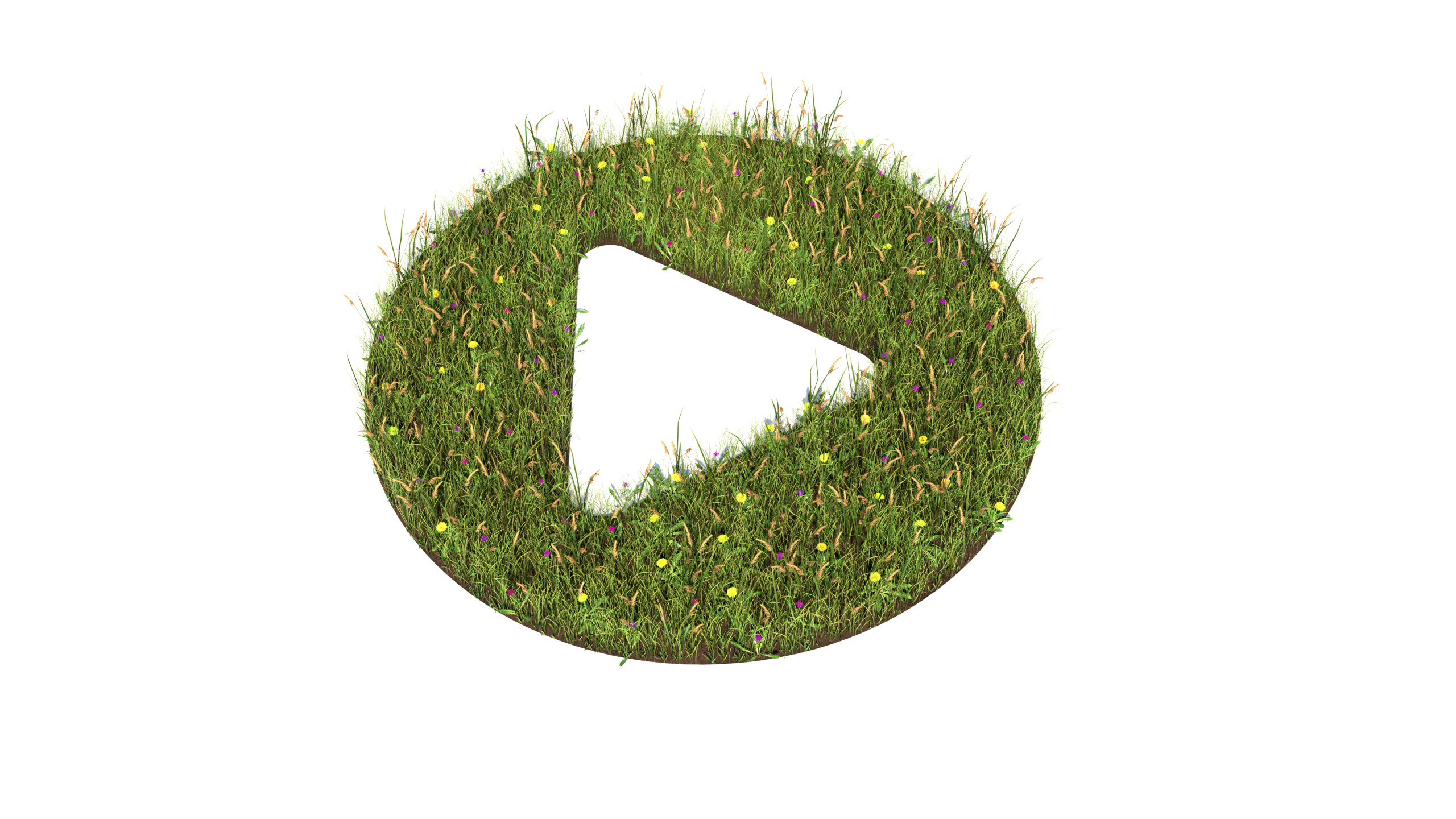 white video play button encircled by green grassy wildflowers