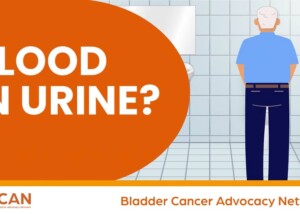 thumbnail for a bladder cancer awareness video with an animated man front side turned away at a urinal in a restroom