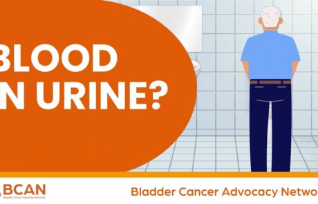 thumbnail for a bladder cancer awareness video with an animated man front side turned away at a urinal in a restroom