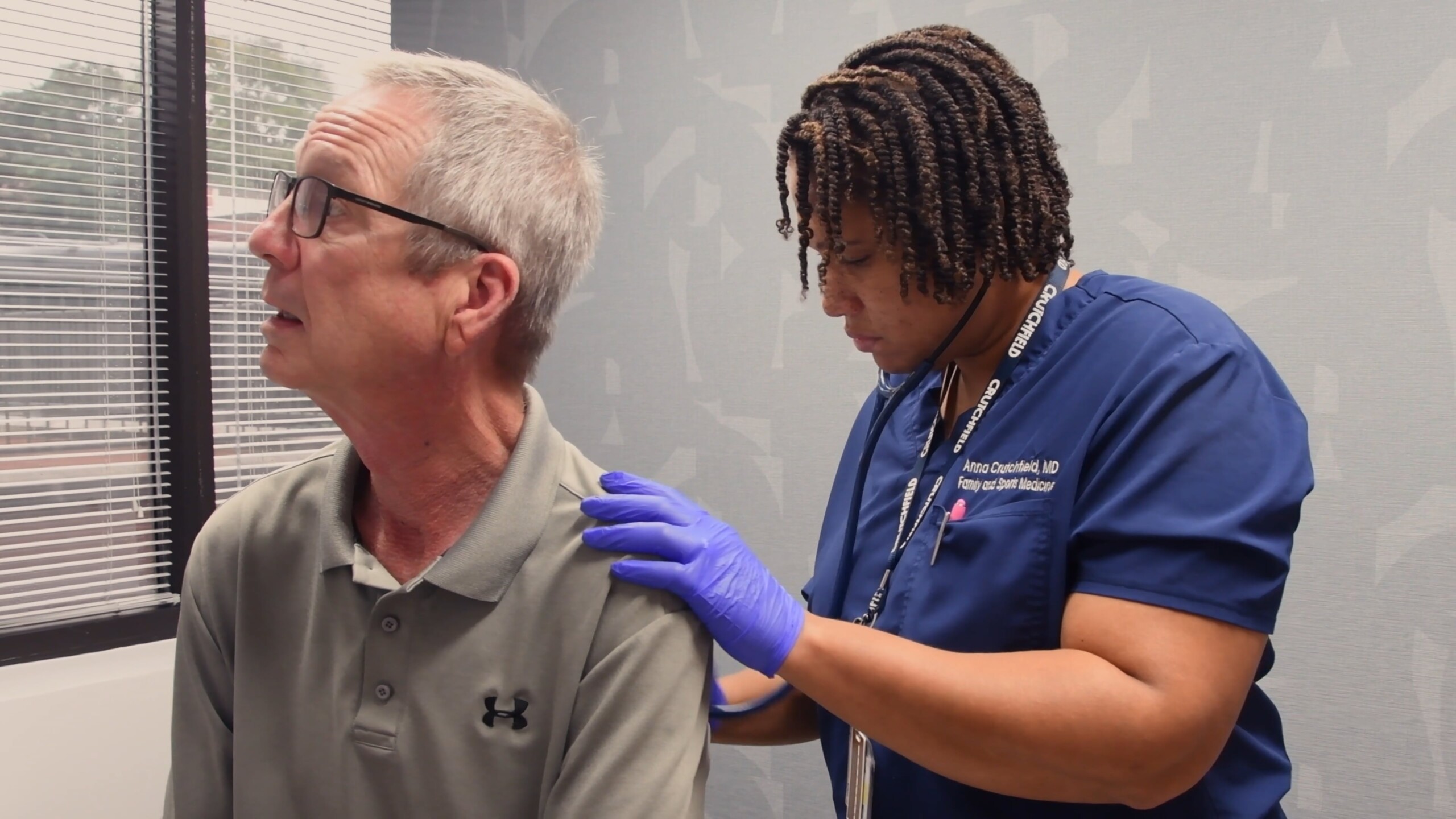 thumbnail of a branding video for the primary care collaborative showing a health care provider listening to a patient's breathing