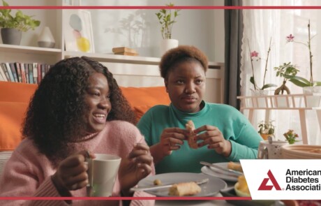 thumbnail of spanish language nutrition video with two women eating and having tea at home